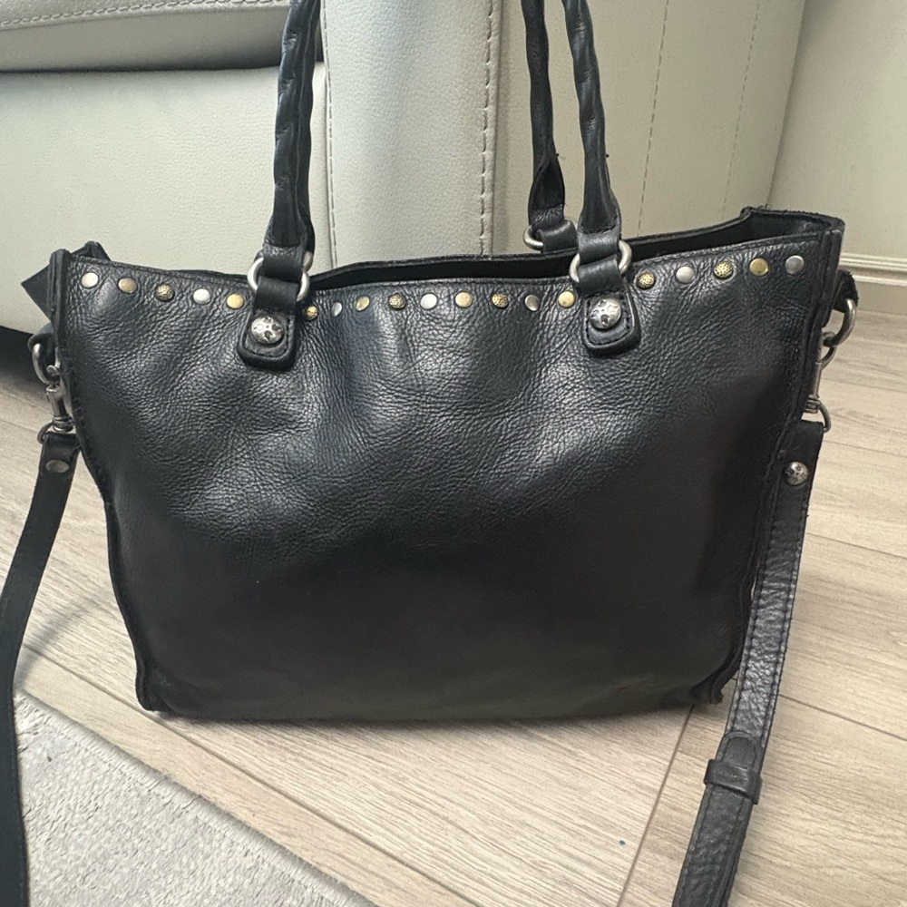 Patricia Nash Black Leather Studded Double Handles Zipper Satchel Bag - Picture 2 of 11